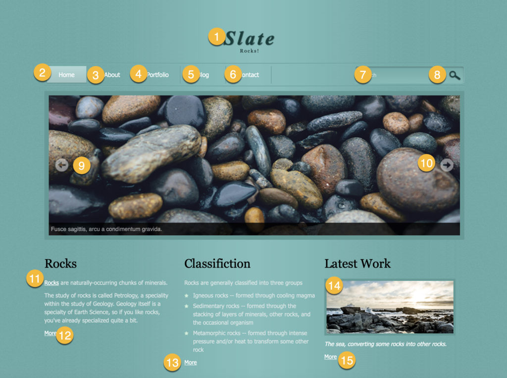 Screenshot of the Rocks website, with each of the focusable elements numbered in the order we expect to be able to move through them on the keyboard. Note that not all text is focusable, and some focusable elements are not text, so focus order is not exactly the same as reading order.