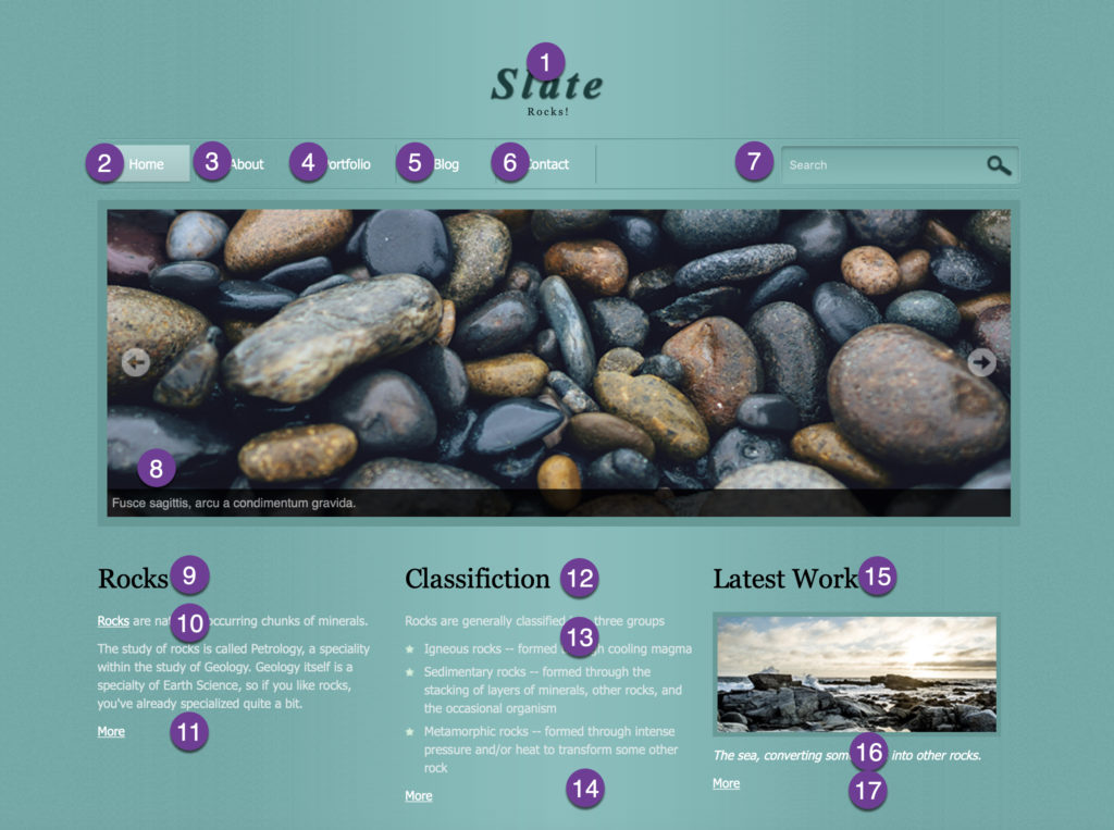A screenshot of the Rocks website with each of the readable areas numbered in order that we expect the reader will read them, from 1 to 17.
