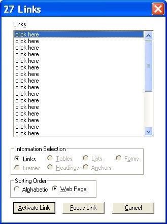 Windows dialog from a screen reader listing 27 links each of which is named click here. 