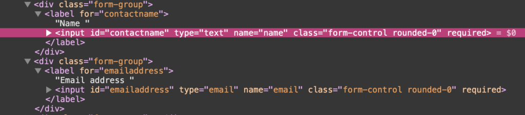 screenshot of the Safari code inspector showing the IDs of the input fields and their programmatic relationship to the label fields.