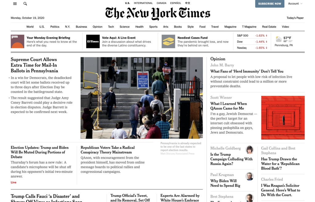 Screenshot of the homepage of the new york times 19 october 2020, showing that the clickable headlines are set in bold and there's no underlining present on the page. 