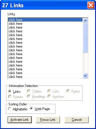 A Windows dialog indicating the dialog contains 27 links. Each of those links can be chosen for direct navigation. They all say click here.