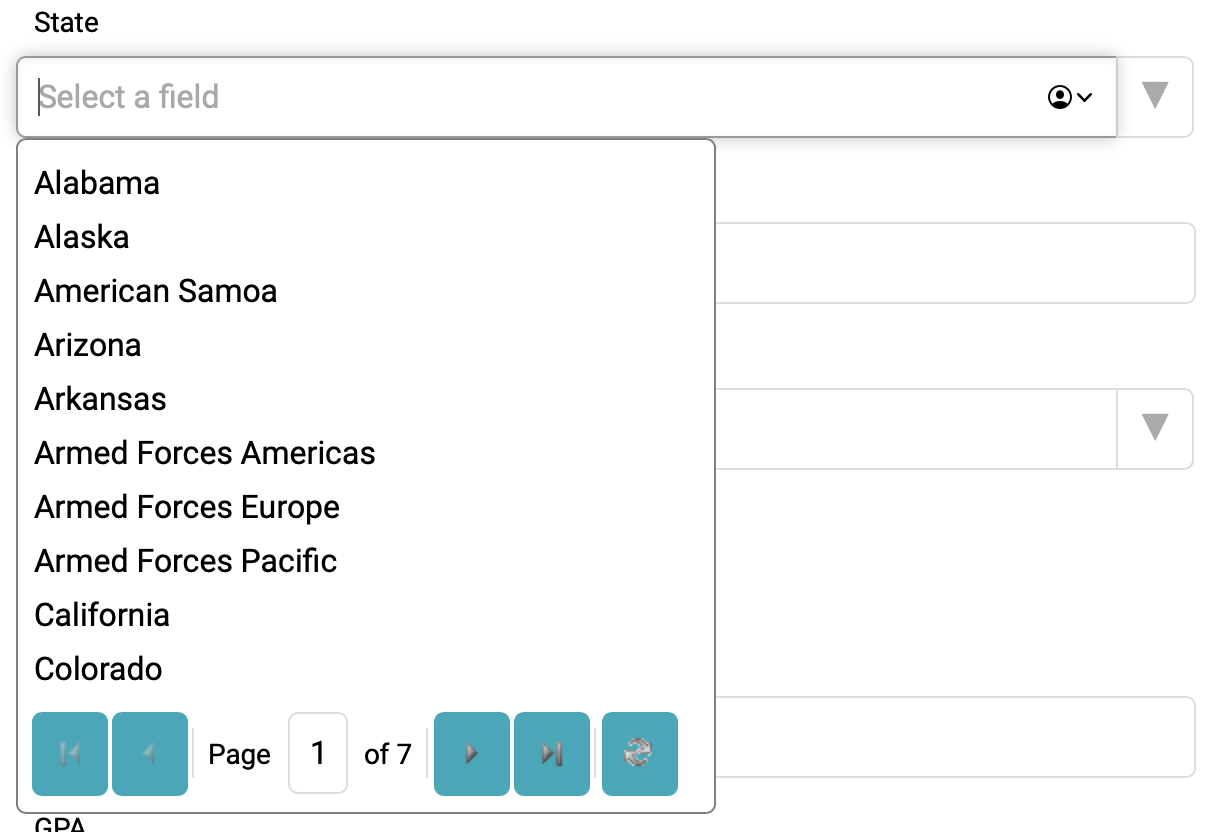 A select menu that lists states Alabama through Colorado, and then within the menu layer, displays pagination buttons and tells you that you're on page 1 of 7 choices. Also the buttons for pagination are grey icons on a dark teal background, rendering them unreadable.