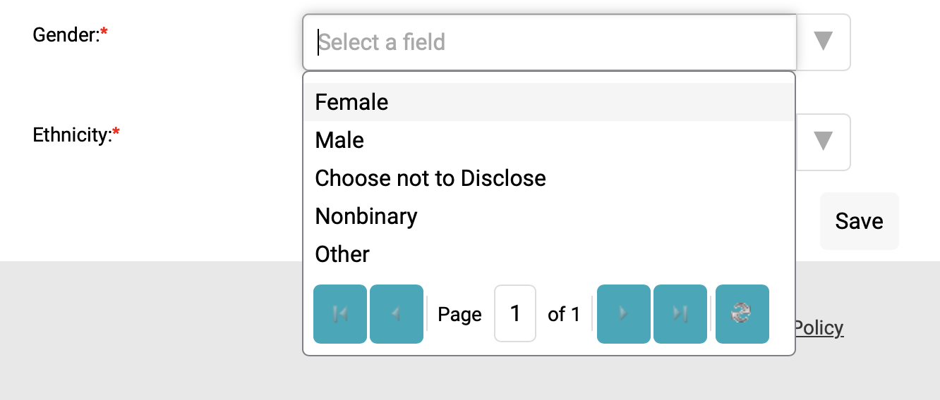 A form field for gender which provides options for female, male, choose not to disclose, nonbinary, and other, followed by pagination buttons that are all disabled and indication that you are on page 1 of 1. 
