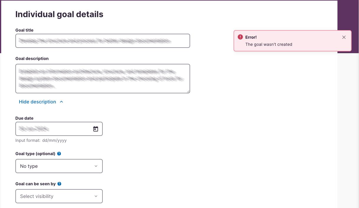 A screenshot of the "individual goal details" form from an application showing an error that reads Error! The goal wasn't created. More details below. 