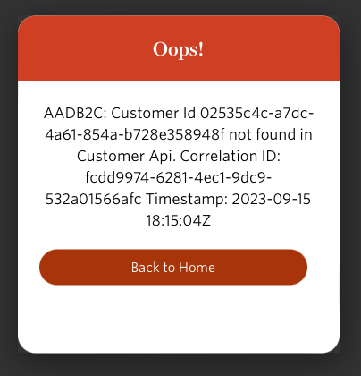 Screenshot of a dialog that read Oops! then a bunch of nonsense text then a back to home button. More details below. 